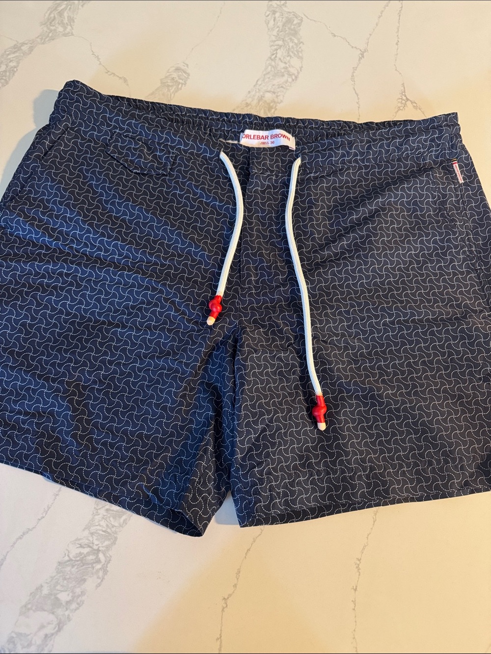 Orlebar Brown Navy Wave-Print Swim Trunks with White Drawcords